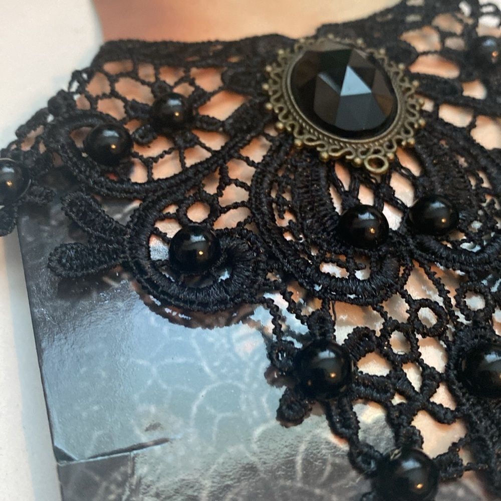 New Victorian Gothic Black Lace Choker Necklace with Gemstone Centerpiece - Picture 6 of 11